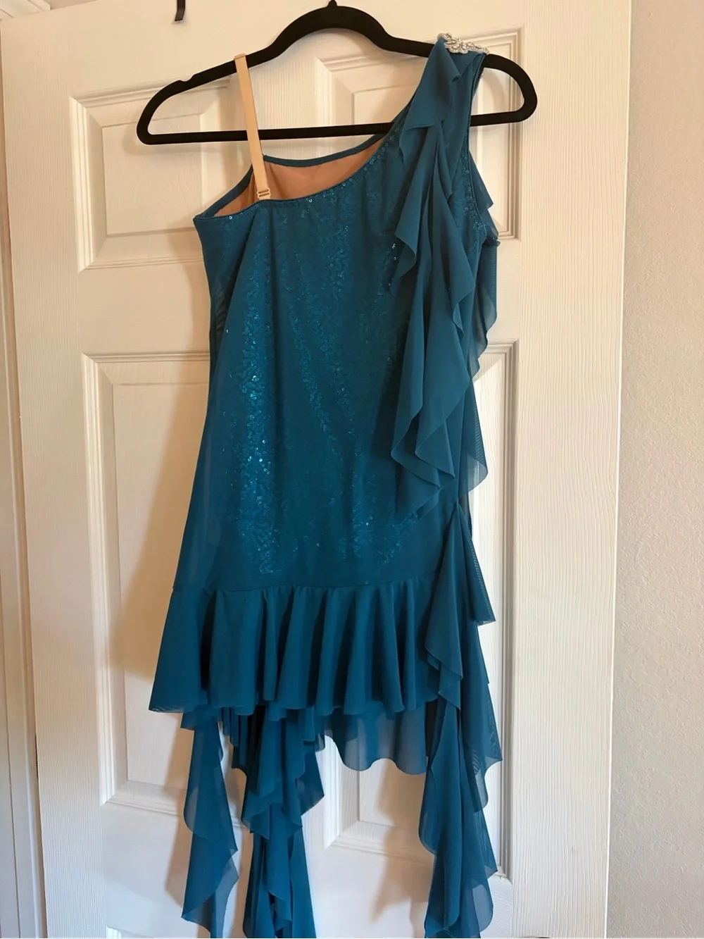 Teal One-Shoulder Ruffle Dance Dress